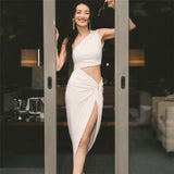 2025 Summer New Women's Fashion Slanted Single Shoulder Hollow Solid Color Draw Folded Waist Dress