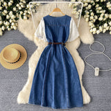 Short-Sleeved Dress Women's 2025 Summer Dress New Design Collar Bubble Sleeve Splicing Age-Sensitive Fashion Denim Long Dress