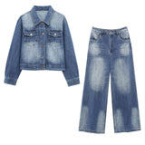 Cowboy Set Women's 2025 Spring Pocket Set Single-Lunk Loose Jacket High-Lumeed Broad-Legged Trousers