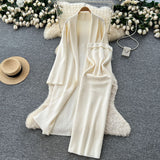 Extremely Simple Style Solid Knitted Light Sister Suit Girl Winter Body-Clamping T-Shirt Dress With Long Open Shirt Jacket