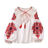Tourist Vacation Retro National Style Embroidery With Esopre V-Neck Lantern Sleeve Shirt Shirt Women Loose Tide