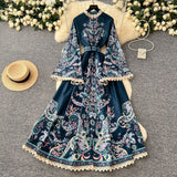 Court Style Retro Collar Single Buckle Horn Sleeve Long Lace Dress Women Fashion Print Long Dress