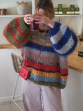 Spring And Autumn 2025 Women's Comfortable Casual Round-Neck Loose Bump Striped Knitted Sweater