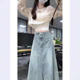 Light Blue Front Open Fork A Word Cowboy Half-Dress Woman Autumn High Waist Thin Design Sense Of Long Skirt