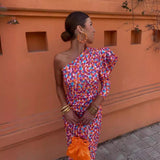 2025 Summer Women's Dress French Retro Print Oblique Shoulder Design Body-Body-Suited And Hip Dress Skirt Fashion Temperament