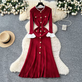 French Small Fragrant Wind Bumpy Round Collar Horn Sleeve Single Buckle Waist Knitted Dress Women Autumn Body Sweater Dress