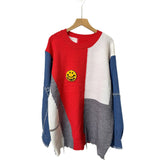 Autumn And Winter Cowboy Sleeve Splicing Bumpy Smiley Face Loose-Fitting Sweater Round Collar Knitted Bottoming Shirt Woman