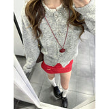 Spring Gray Round Collar Small Fragrant Knitted Top Woman 2025 Spring Small Man Super Fire Single Special Coat Thin
