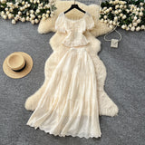 French Temperament Wears A Female Waist-Waisted Collar Bubble Sleeve Shirt High-Waisted Embroidered Half-Dressed Skirt Holiday Style Set