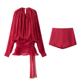 Pressed Folding Ribbon Design Loose Waist Mini Dress Shorts Set 2025 Spring And Summer Street Fashion Woman