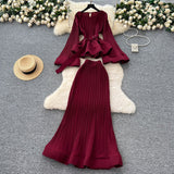 Oceanish Fashion Strap To The Waist Horn Sleeve Lotus Loaf Under The Pendulum Folding Folding Top + High-Waisted Fish Tail Half-Body Dress