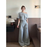 Fashion Korean Design Feels The Shoulder Shawl Wide Leg Trousers Two Sets Of Sports Style Wear Fashion Age Reduction Set
