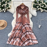 Light Luxury Elegant Dress Women's Fashion Collar Double Buckle Waist Long Sleeve Splicing Print 100 Folds Long Skirt