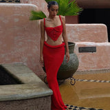 Summer 2025 Women's Explosive Sexy Knitted Short Sling Tape Open Umbilly Skirt Set