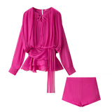 Pressed Folding Ribbon Design Loose Waist Mini Dress Shorts Set 2025 Spring And Summer Street Fashion Woman