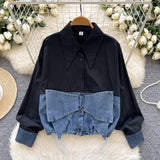 Spring Dress Korean Fashion Design With Bow Denim Spliced Long-Sleeved Shirt Women Loose Shirt Top