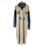 Autumn/Winter 2025 New Cowboy Splicing Knitted Two-Piece Collar Dress Flower Nails Decorated Long Dress Woman