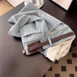 Hong Kong Style Loose Light Blue Plus Velvet Jeans Women Autumn And Winter High Waist Hanging Feeling Thin Broad Legs Thick Long Pants