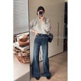 Vintage Blue T-Shirted High-Belt Plus Velvet Horn Jeans Women Autumn And Winter Spring And Autumn Narrow Version Straight Horseshoe Long Pants