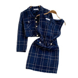 Autumn And Winter Small Fragrant Style Temperament Long-Sleeved Coarse Flowers, Two Sets Of Waist Vests And Hip Dress Women