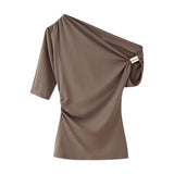 Sexy Bare Shoulder Metal Set Asymmetric Top 2025 Spring And Summer Folding Trim Short-Sleeved Women's T-Shirt