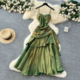French Goddess Fan Design Sense Square Neck Sling Sling Sling Folds To The Waist Lotus Leaf Dress Girl Dress Dress