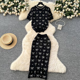 Knitted Suit Women's 2025 Summer High-End Round-Neck Short-Sleeved Bow Print Top High-Waisted Hip Skirt