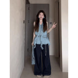 Real Price Summer Two Sets Of Women 2025 Summer Lotus Leaf Side Leakage Shoulder Straight Leisure Trousers Set Summer
