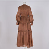 Elegant Temperament Dress 2025 New V-Neck Lantern Sleeves Folded Long Silk Dress Dress
