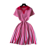 French-Style Retro-Necked Short-Sleeved Striped Knitted Dress Female Waist Temperament Thin A-Word Dress