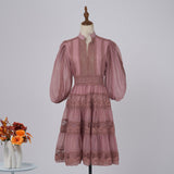 Solid-Color Dress Eugen Yarn Half-Open Lantern Sleeve Middle Sleeve Dress Lace Lace To Receive Waist Skirt