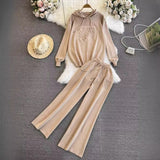 Fashion Suit Women's Korean Version Of Loose Knitted Hoodie Two Sets Of Leisure High-Rise Thin Straight Broad Leg Pants