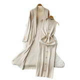 Cincupies Senior Sense Loose External Medium And Long Knitted Cardigan Jacket + Sleeveless Metal Buckle Joint Skirt