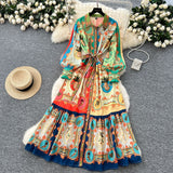 High-Grade Printed Dress Woman 2025 Spring Strap To Cover Collar Long Sleeve Single Row Buckle Folding Skirt