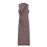 Women's Clothing 2025 Spring New Sleeveless Wrinkles Decorated Semi-High Collar Net Fan Flute Dress