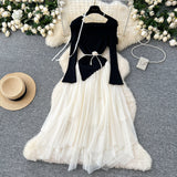 French Gentle Wind Three-Dimensional Flower Collar Long Sleeve Knitted Mesh Tau Coop Ponopne Irregular Fairy Dress