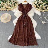 French Red Dot V-Neck Women's Short-Sleeved Dress Summer Single Buckle Tie With Thin A-Word Mid-Long Dress