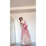 French Floral Sling Dress Female Design Sense Niche Lotus Side Temperament Waist Dress Two Sets