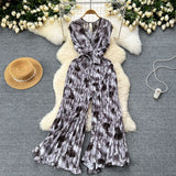 Vacation Ins Wear A Female Senior Sense Sleeveless V-Neck Tie Strap To The Belt Print Loose Broad Legs 100-Folded Jump-Fitting Trousers