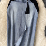 Vintage National Trend Denim Dress Women's New Chinese-Style Retro Embroidery Waist Thin Open Fork Ass Fashion Dress