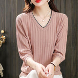 V-Neck Seven-Sleeved T-Shirt Women's Mid-Sleeve Top Ice Knitted Shirt Thin Mother Spring T-Shirt Elegant
