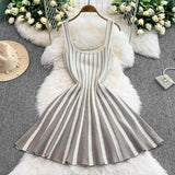 2025 New Temperament Elegant Vertical Stripes To Close The Waist Thin Sling Dress Light Style Knitting Skirt Woman