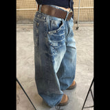 Vintage Rivet Low-Rise Straight Jeans Babes High Street Niche Design Couple Make Old Fried Street Trousers