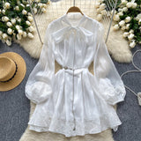 Spring Dress Women's Neckline Bow Tie With Lantern Sleeve Lace Splicing Bright Face Chiffon Skirt Skirt Skirt