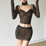 2025 Autumn Women's New Sexy Hot Babes Leopard Print Tops Lace Splicing Skirt Dress Suit Woman