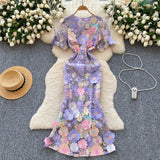 French High-End Elegant Heavy Industry Flower Embroidery Round Collar Lantern Sleeves To Close The Waist Slim Slimmed Fishtail Dress Dress