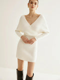 2025 New Women's Fashion Temperament Cross V-Neck Bat Pack Hip Knitted Dress