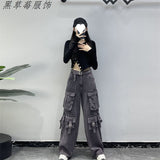 Vibe High Street Multi-Pocket Black Work Clothes Jeans Women 2025 New High-Waisted Loose Broad-Legged Trousers