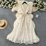 French High-End Temperament Dress Women 2025 Summer Fashion Strap To Single Buckle Embroidery Mesh Dress