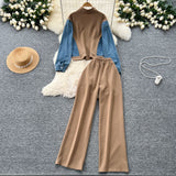 Fashion Suit Women's Port Wind Casual Colliding Color Splicing Collar Zipper Fake Two-Piece High-Waisted Cowboy Broad Leg Trousers